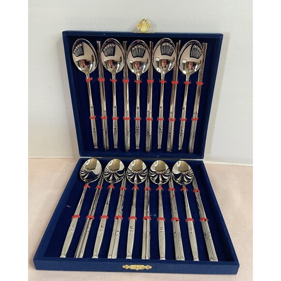 Vtg  Stainless Steel Soup Spoons &  Chopsticks Velvet Case Set of 10 Each - Picture 1 of 11